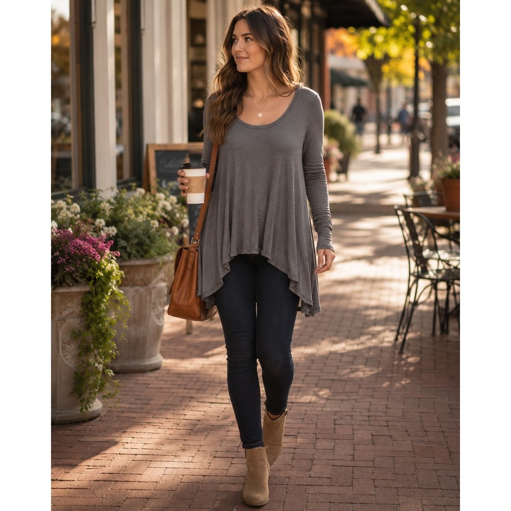 Free People January Basic Scoopneck Swing Ribbed Tunic Long Sleeve Shirt Grey XS